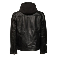 Back view of the Easton jacket showing the clean trucker-style paneling and the relaxed drape of the integrated jersey hood.