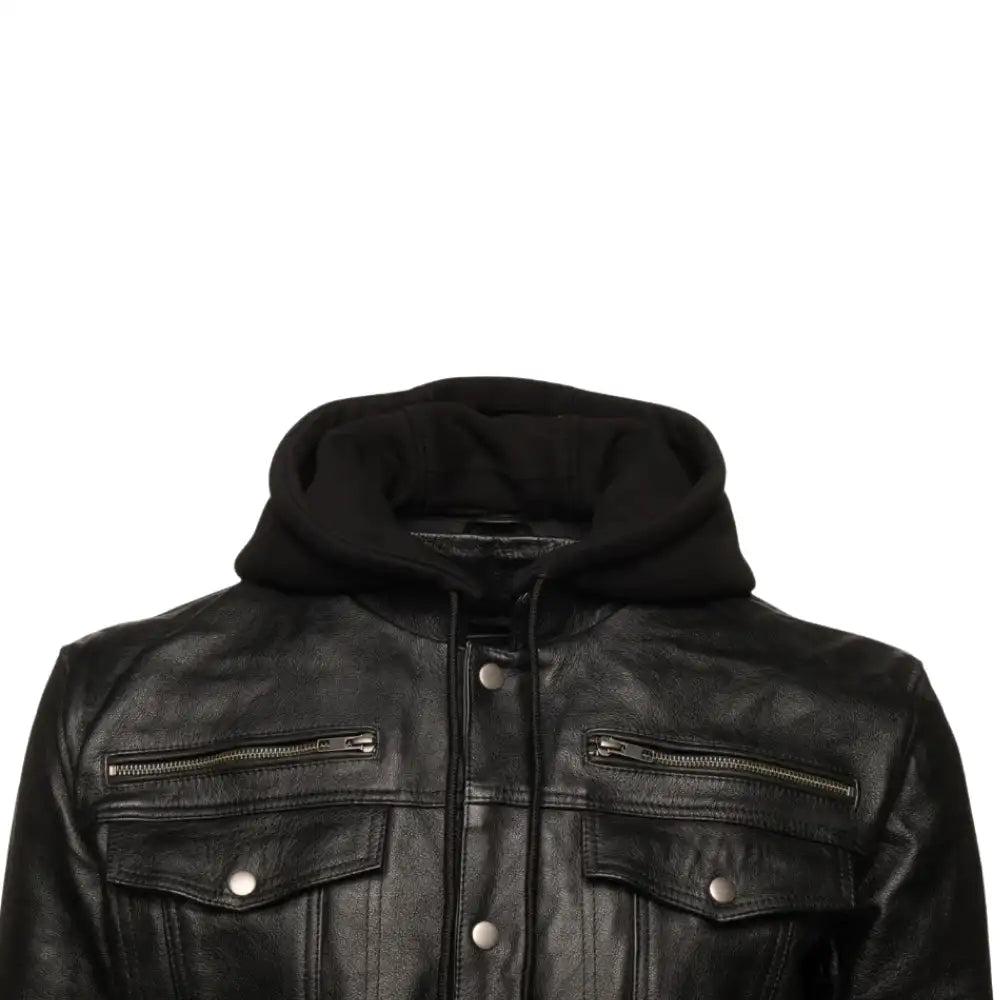 Front view of the Easton black leather trucker jacket, featuring a dual-closure system with a zipper and snap buttons, and a detachable grey fabric hood.