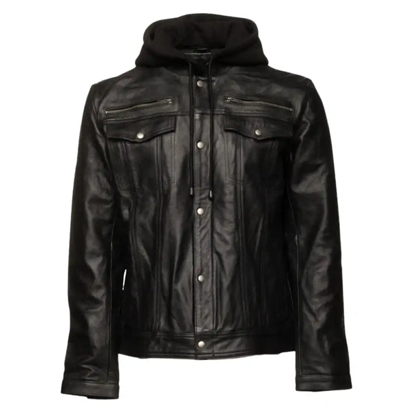 Easton Black Hooded Trucker Leather Motorcycle Jacket