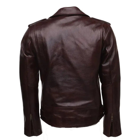 Rear design of Elliot oxblood leather biker jacket with belt detail