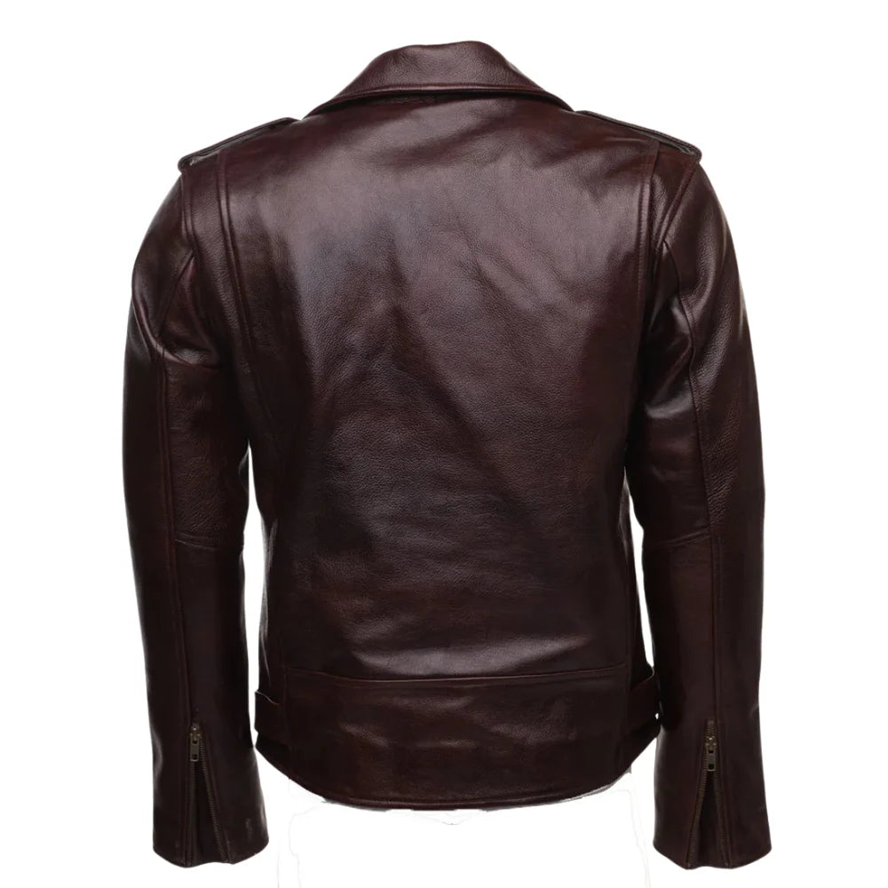 Elliot Oxblood Belted Leather Biker Jacket back view oxblood leather jacket with belt