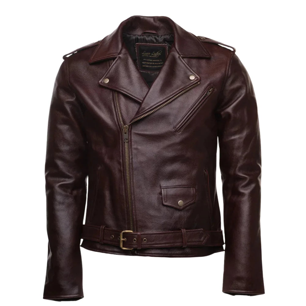 Elliot Oxblood Belted Leather Biker Jacket front view oxblood leather biker jacket with waist belt