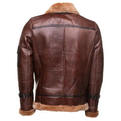 Esa Brown Bomber Sheepskin Shearling Jacket with Large Pockets back view brown shearling jacket