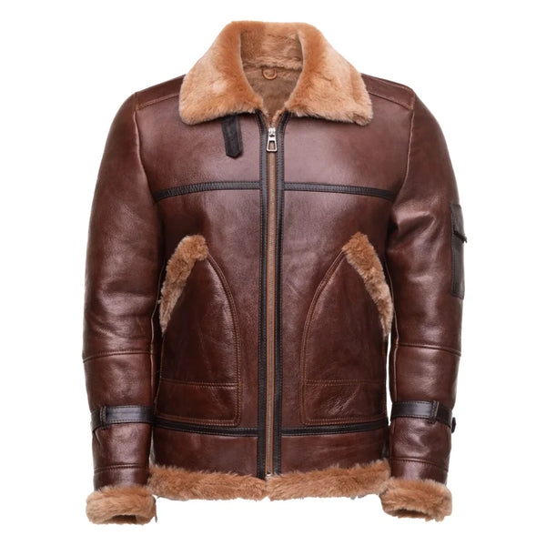 Esa Brown Bomber Sheepskin Shearling Jacket with large pockets