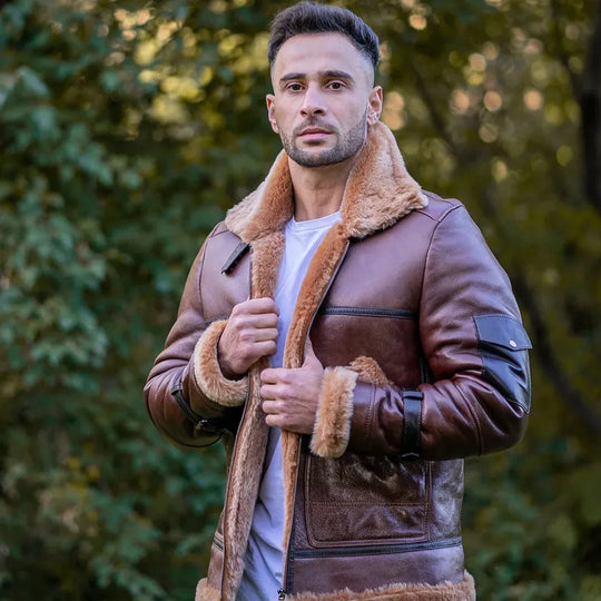 Model side view wearing Esa Brown Bomber Sheepskin Shearling Jacket with Large Pockets
