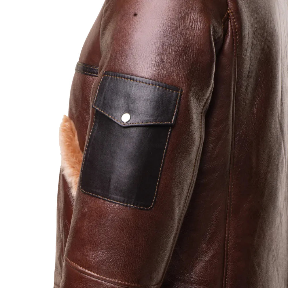 Esa Brown Bomber Sheepskin Shearling Jacket with Large Pockets close up large pocket detail