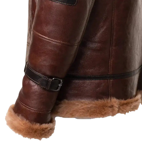 Esa Brown Bomber Sheepskin Shearling Jacket with Large Pockets side view brown winter jacket
