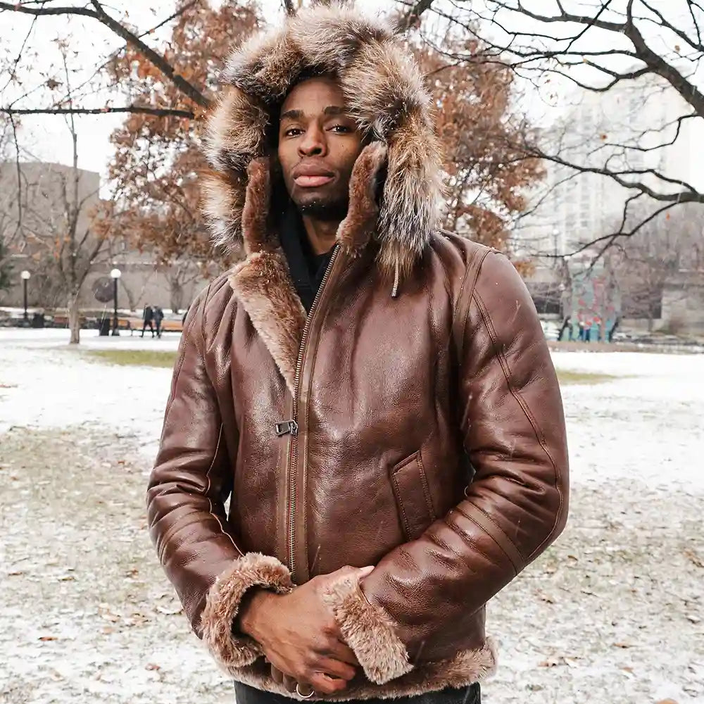 Model wearing Felix Brown Bomber Jacket with Hoodie brown leather bomber jacket outfit