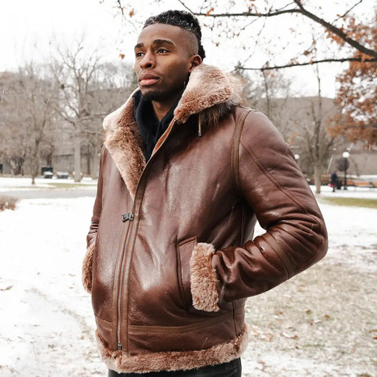 Model styling Felix Brown Bomber Jacket with Hoodie hooded leather jacket look