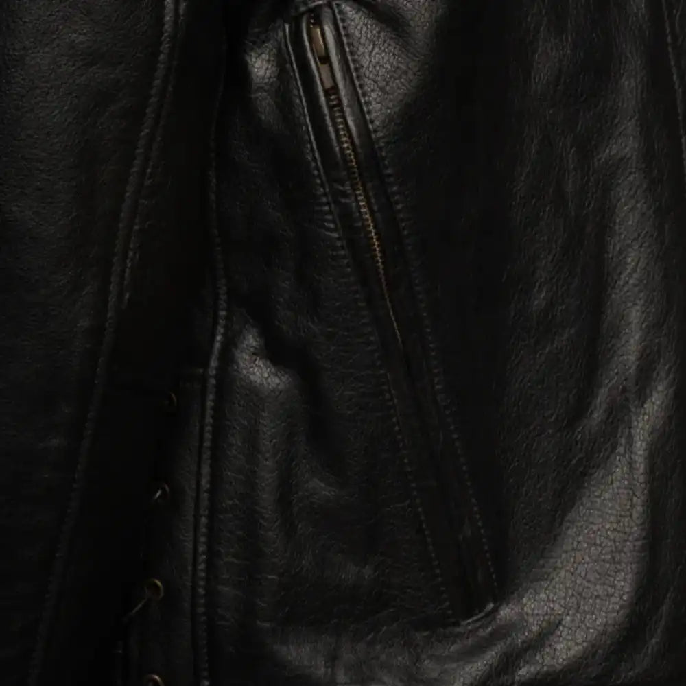 Close-up of the polished silver-tone hardware, including the snap-down lapels, heavy-gauge zippers, and the integrated waist buckle.