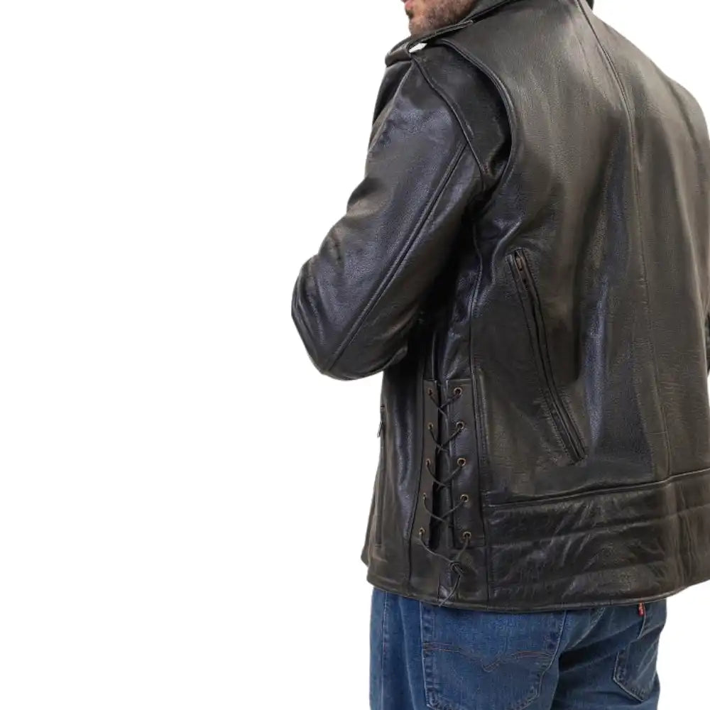 A model wearing the Flint Black Double Rider, showing the jacket partially unzipped to reveal the layered leather look and its rebellious, timeless style.