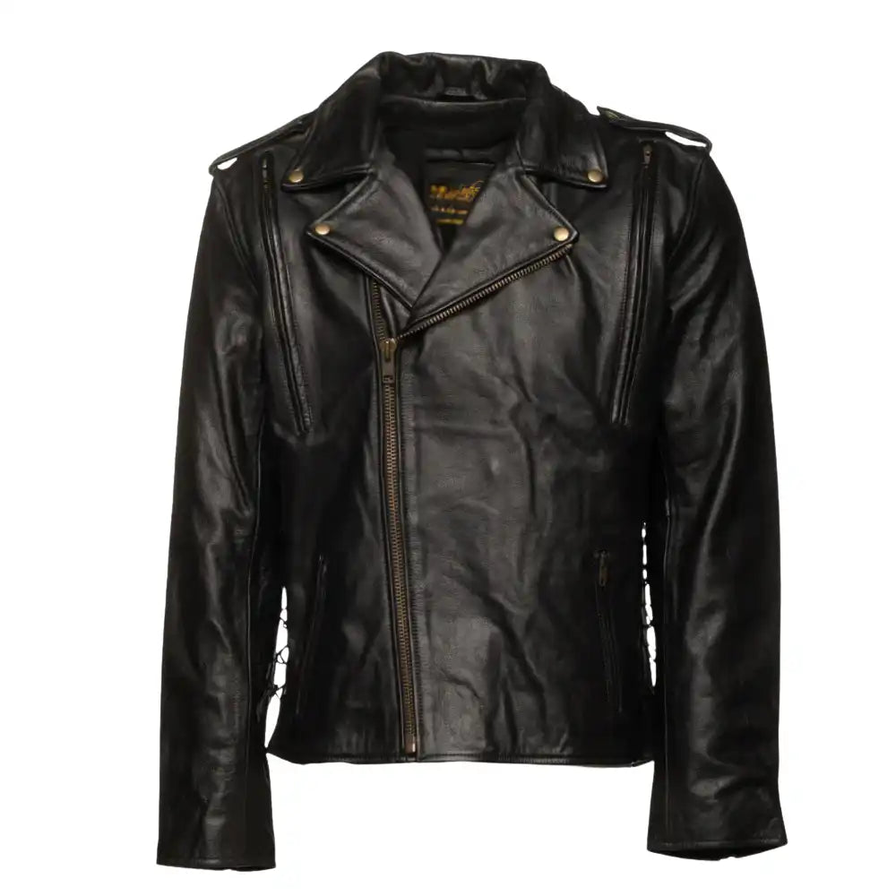 Full front view of the Flint Double Rider jacket in black leather, featuring the classic asymmetrical zipper, wide notched lapels, and a belted waist.