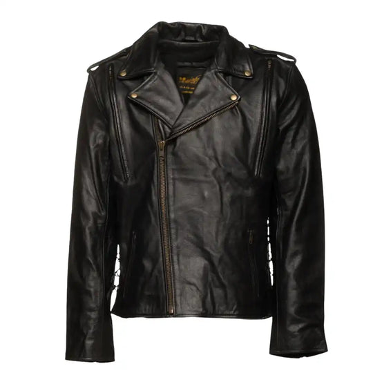 Full front view of the Flint Double Rider jacket in black leather, featuring the classic asymmetrical zipper, wide notched lapels, and a belted waist.