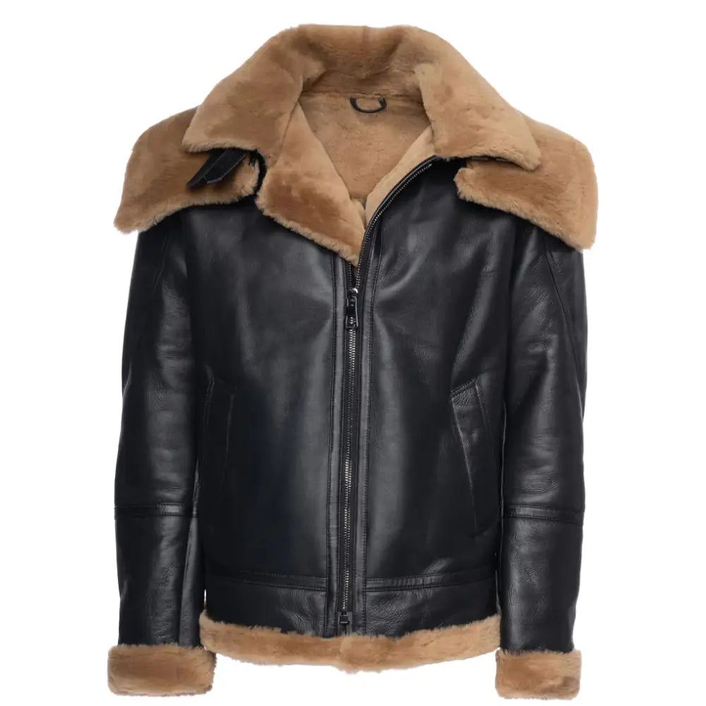 Front view of the black Aviator bomber shearling jacket with a tan shearling collar, made from leather.