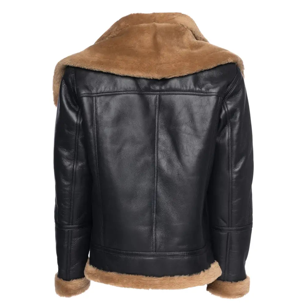Back view of Graysen black Aviator bomber shearling jacket with brown fur lining on a white background