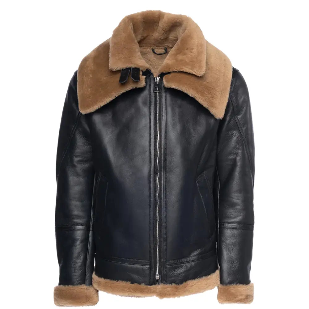 Front view of a black Aviator bomber shearling jacket, made of Spanish merino double faced sheepskin shearling with a tan shearling collar.
