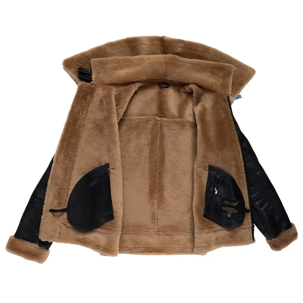Full view of the interior of the black shearling bomber jacket with tan shearling fur lining.