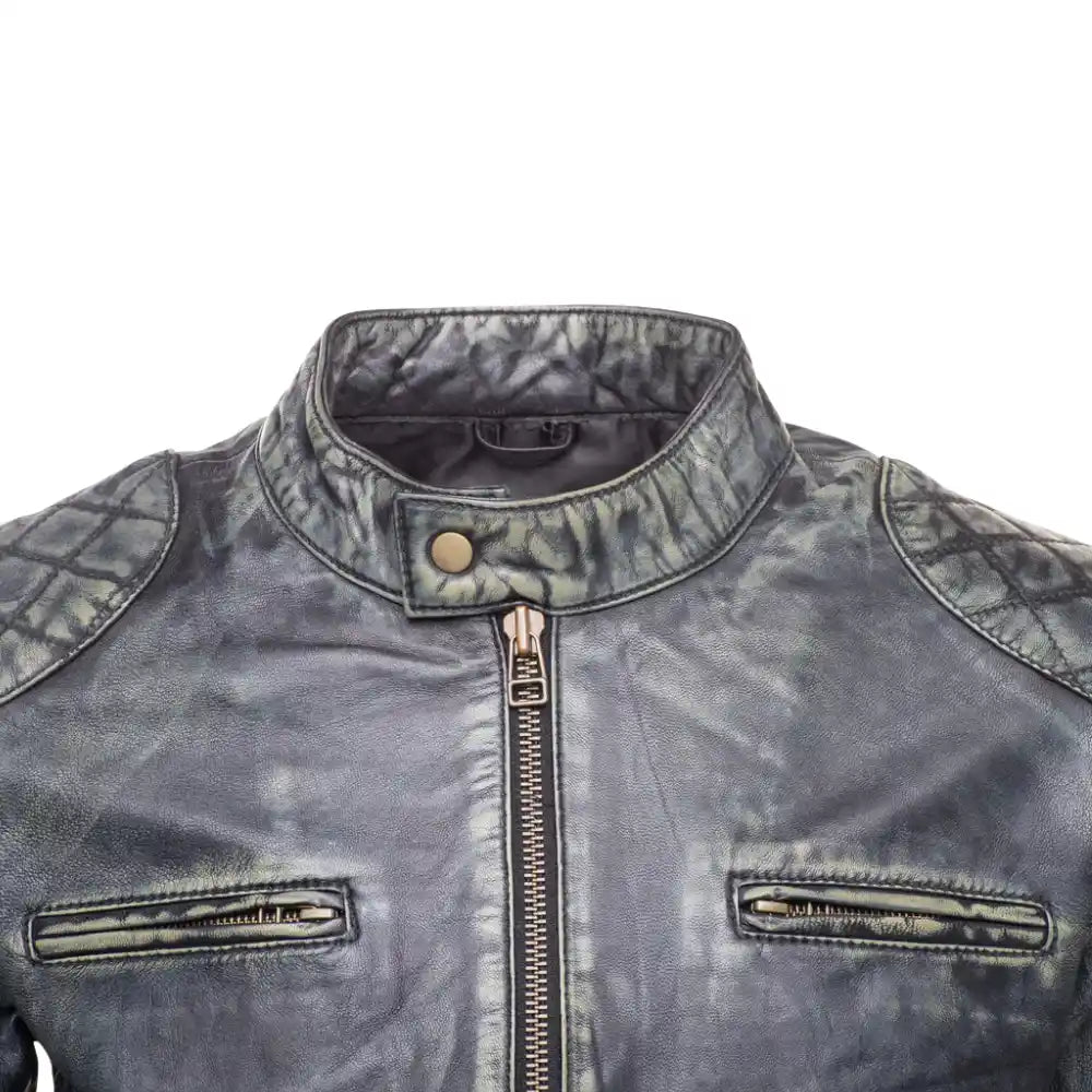 Grayson Stone Wash Cafe Racer Jacket close up of band collar with snap button