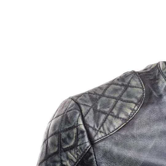 Grayson Stone Wash Cafe Racer Jacket close up stone wash leather texture