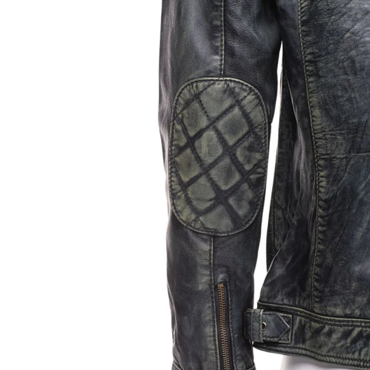 Grayson Stone Wash Cafe Racer Jacket front panel vintage leather detail