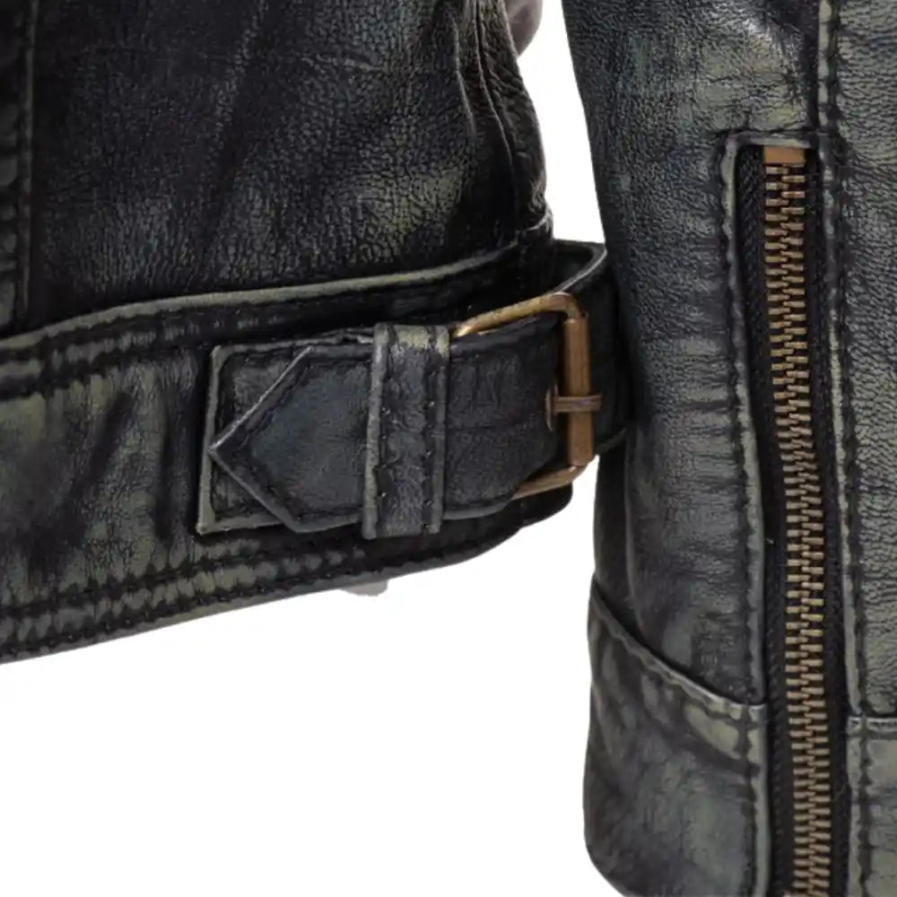 Grayson Stone Wash Cafe Racer Jacket close up zipper on distressed leather jacket
