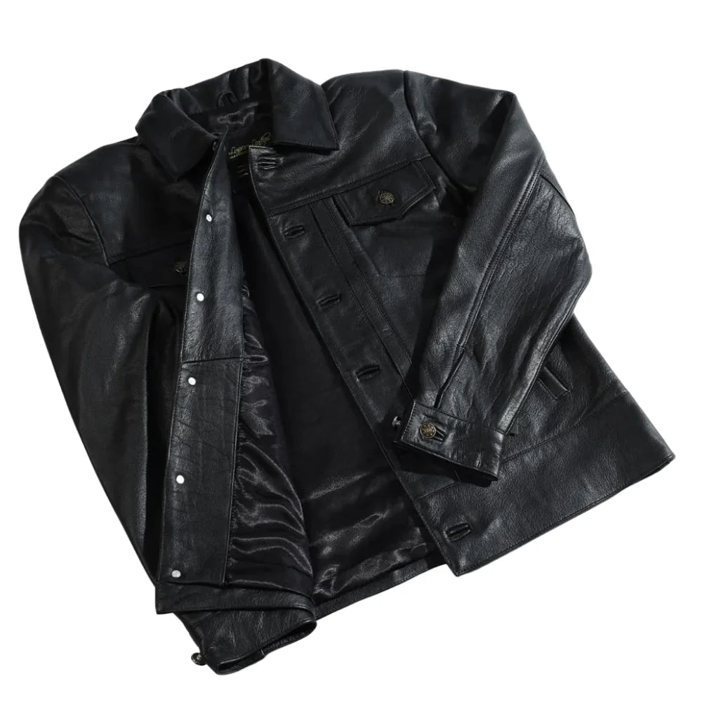 Griff Black Denim Style Leather Jacket side profile black leather jacket with denim style stitching