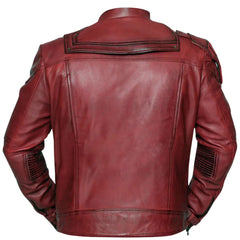 The back view of the Star Lord leather jacket showing the vertical tailored paneling and the weathered, distressed finish of the burgundy leather on white background.