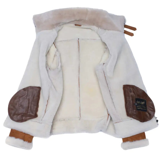 Full-body front view of Hagan's Tan Aviator Bomber Jacket, featuring a sleek design with cream shearling lining visible along the collar and cuffs. The jacket is made from soft tan suede leather, creating a premium and timeless look.