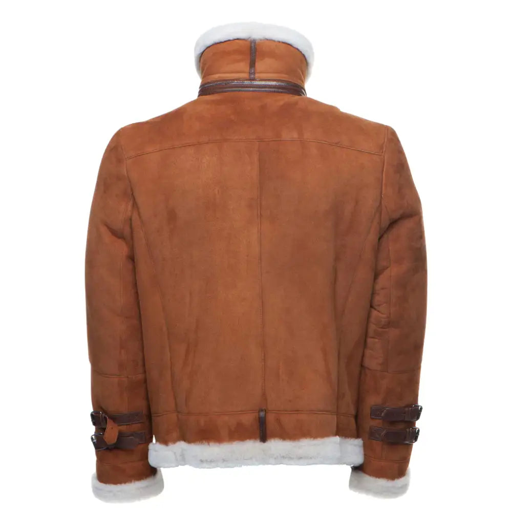 Back view of Hagan's Tan Aviator Bomber Suede Shearling Jacket, featuring soft cream shearling lining along the collar and hem. The rich tan suede exterior is complemented by leather buckles on the sleeves, adding a stylish, rugged finish.