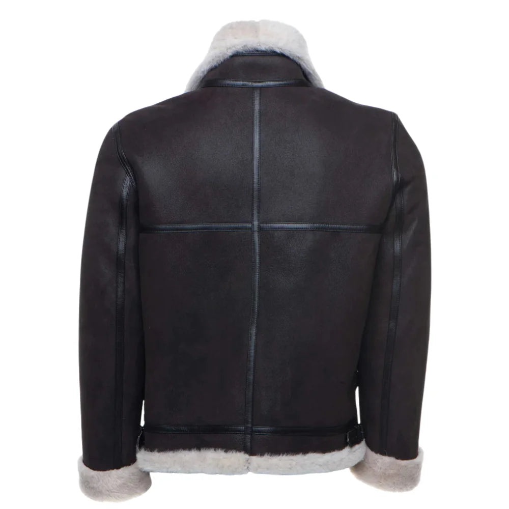 Hampton's Classic Brown B 3 Bomber Aviator Shearling Jacket with Collar Belt back view shearling bomber jacket