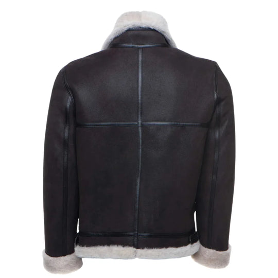 Hampton's Classic Brown B 3 Bomber Aviator Shearling Jacket with Collar Belt back view shearling bomber jacket