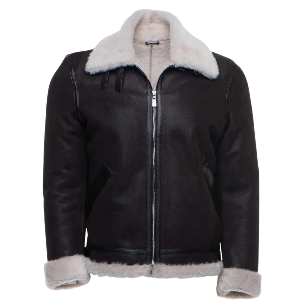 Hampton's Classic Brown B 3 Bomber Aviator Shearling Jacket with Collar Belt front view brown aviator shearling jacket