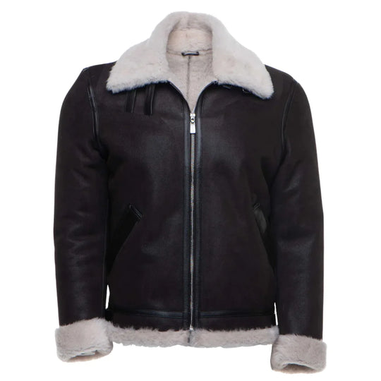 Hampton's Classic Brown B 3 Bomber Aviator Shearling Jacket with Collar Belt front view brown aviator shearling jacket