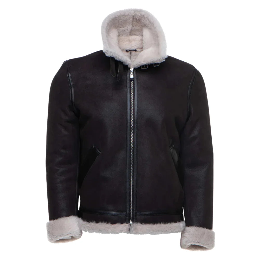 Hampton's Classic Brown B 3 Bomber Aviator Shearling Jacket with Collar Belt front angle vintage bomber jacket with shearling lining