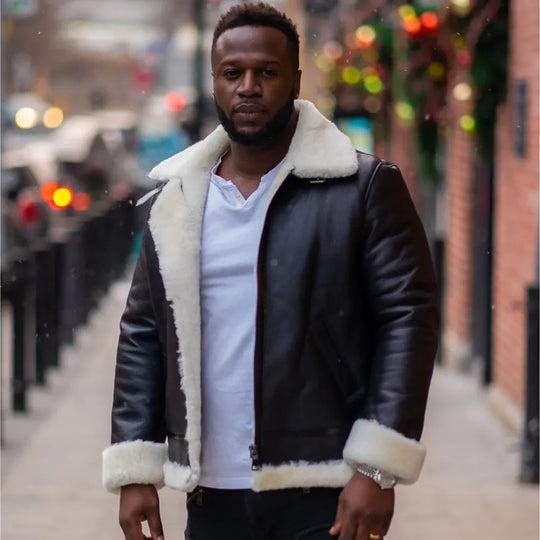 Model wearing Hampton's Classic Brown B 3 Bomber Aviator Shearling Jacket with Collar Belt winter outfit