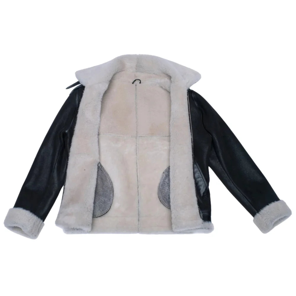 Hampton's Classic Brown B 3 Bomber Aviator Shearling Jacket with Collar Belt close up shearling lining detail