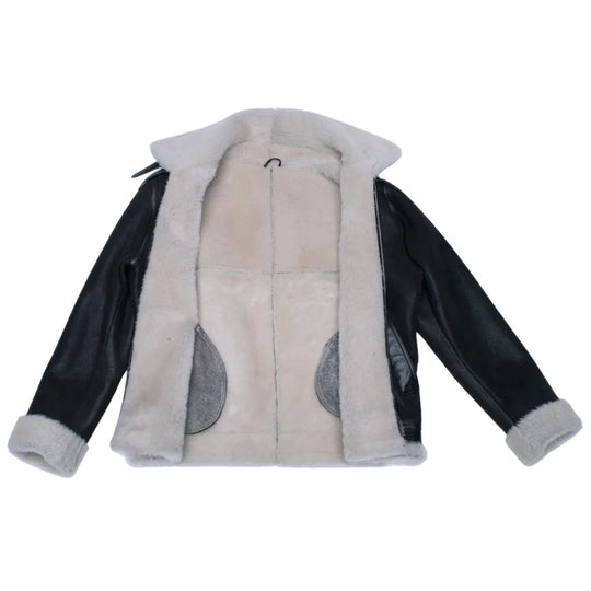 Hampton's Classic Brown B 3 Bomber Aviator Shearling Jacket with Collar Belt close up shearling lining detail