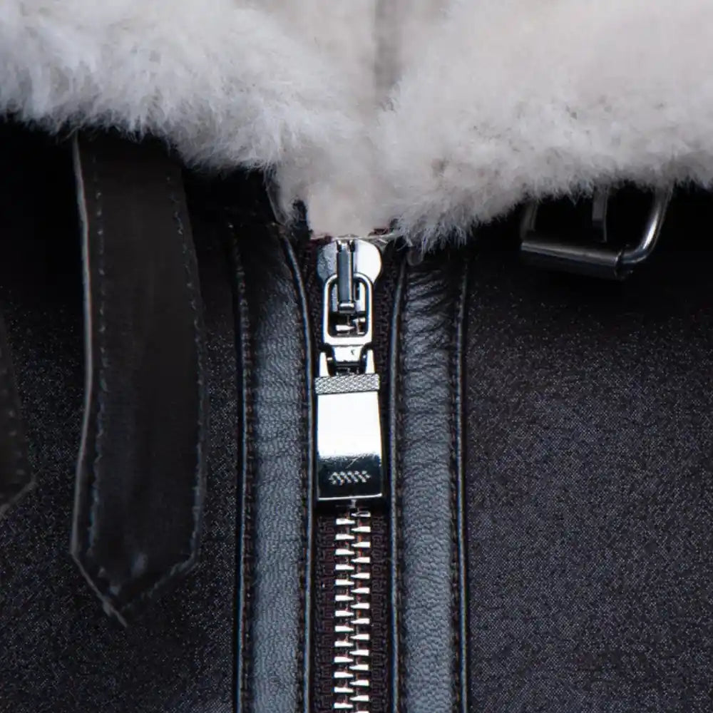 Hampton's Classic Brown B 3 Bomber Aviator Shearling Jacket with Collar Belt close up zipper detail