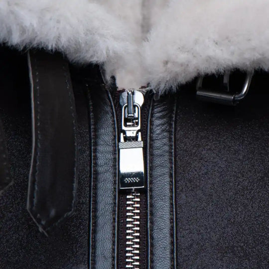 Hampton's Classic Brown B 3 Bomber Aviator Shearling Jacket with Collar Belt close up zipper detail