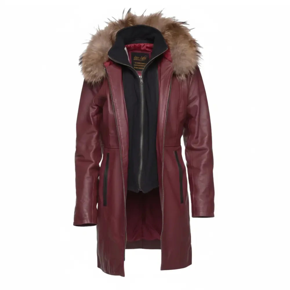 Front view of Hannah's burgundy leather jacket featuring a luxurious brown fox fur hood, a full-length silver zipper, and two vertical black-trimmed waist pockets.