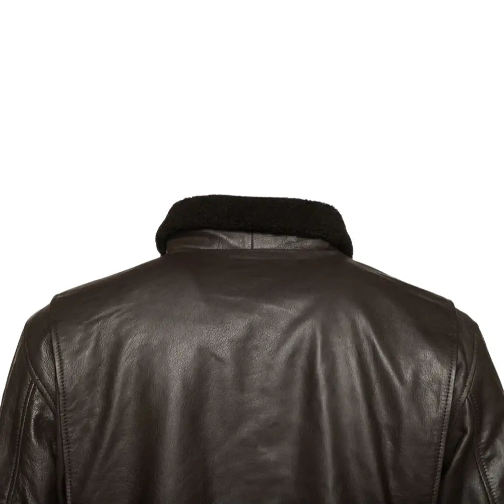 Macro Back shot of the high-quality Lambskin leather grain used in the Havana brown G1 Bomber leather jacket, highlighting the rich texture and durability.