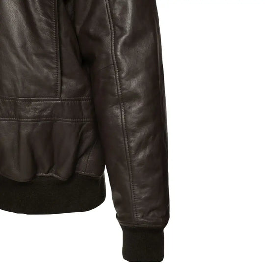 Close-up of the ribbed knit cuffs on the Havana brown G1 Bomber leather jacket, highlighting the premium finish and snug fit around the wrists.