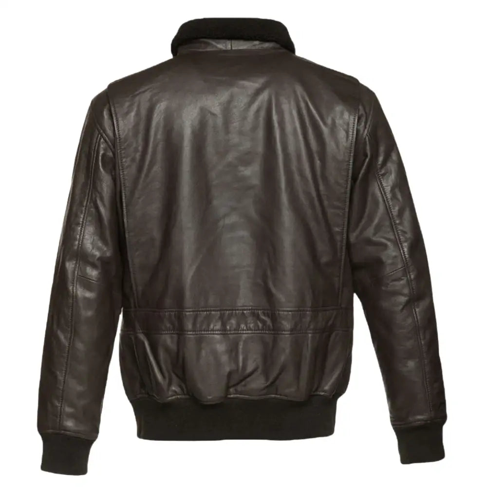 Back view of the Havana brown G1 Bomber leather jacket showcasing a sleek, smooth design with ribbed knit cuffs and a classic bomber-style fit.