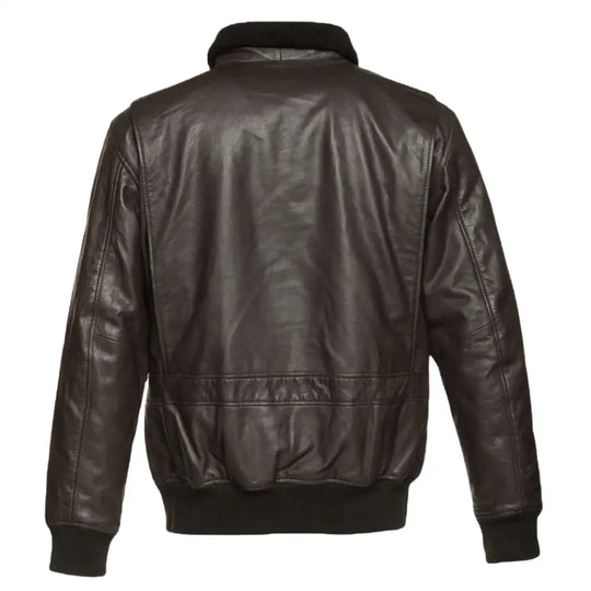 Back view of the Havana brown G1 Bomber leather jacket showcasing a sleek, smooth design with ribbed knit cuffs and a classic bomber-style fit.