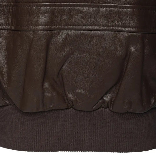Detailed view of the Henri Brown A2 Bomber Leather Jacket, highlighting the leather and ribbed belt and the jacket's overall design.
