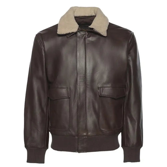 Front view of the Henri Brown A2 Bomber Leather Jacket, featuring a classic leather design with a shirt-style collar and ribbed cuffs.