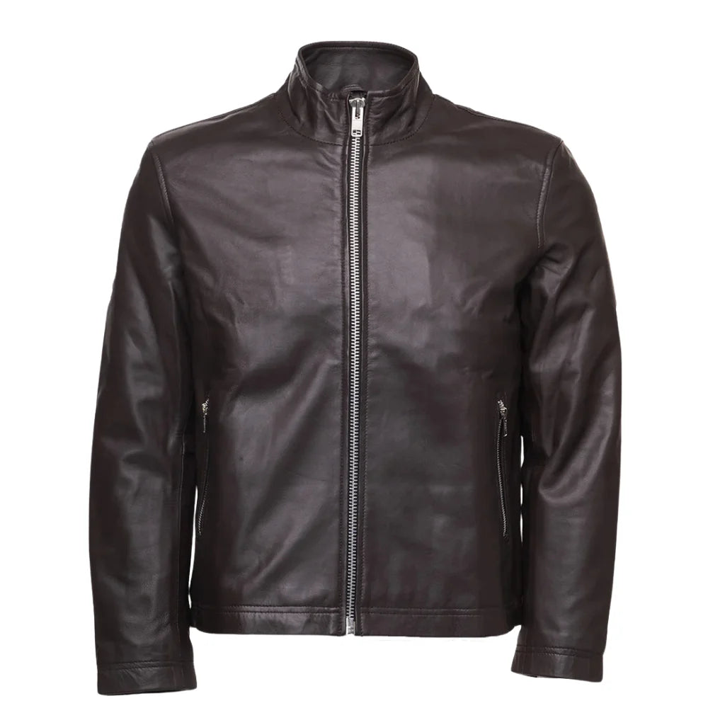 Henry Mateo Dark Brown Leather Jacket front view dark brown leather jacket with classic design