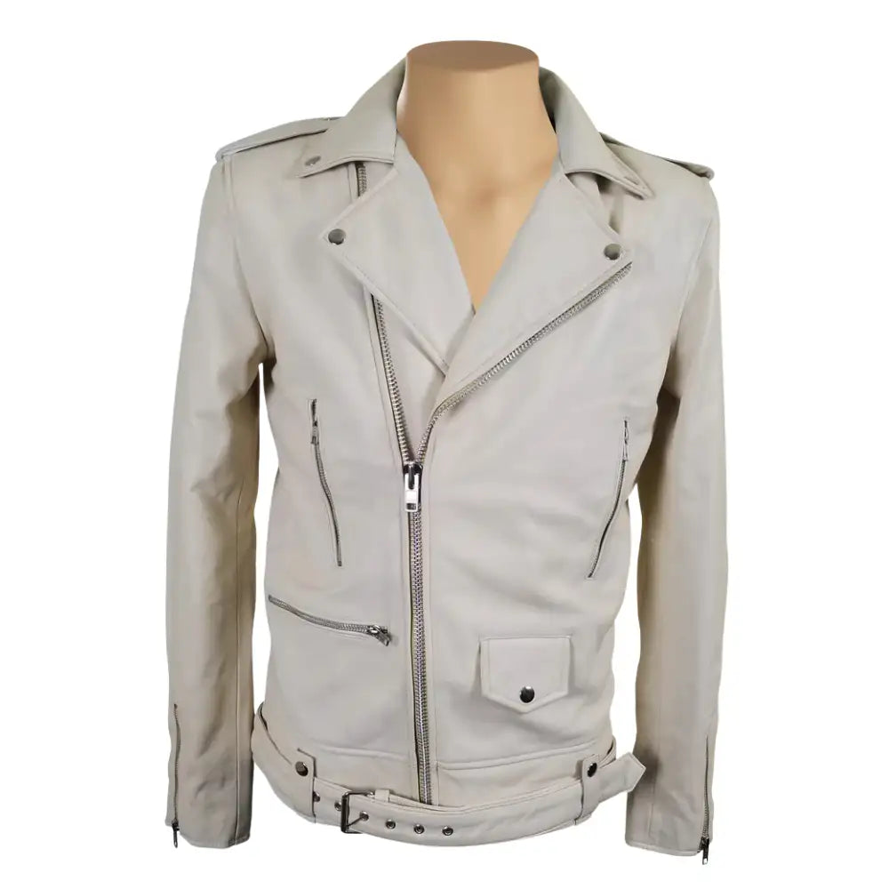 Front view of Holman's Cream Belted Leather Biker Jacket with classic asymmetrical zipper