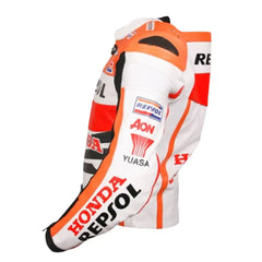 Close-up of the official sponsor patches, including HRC (Honda Racing Corporation) and Michelin, embroidered on high-grade cowhide leather.