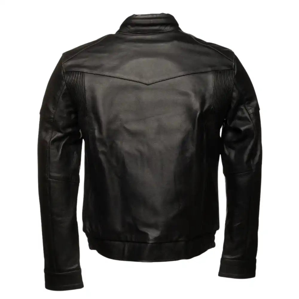 Back view of the Huxley jacket showing the broad-shouldered silhouette and clean leather panels designed for a masculine, classic profile.